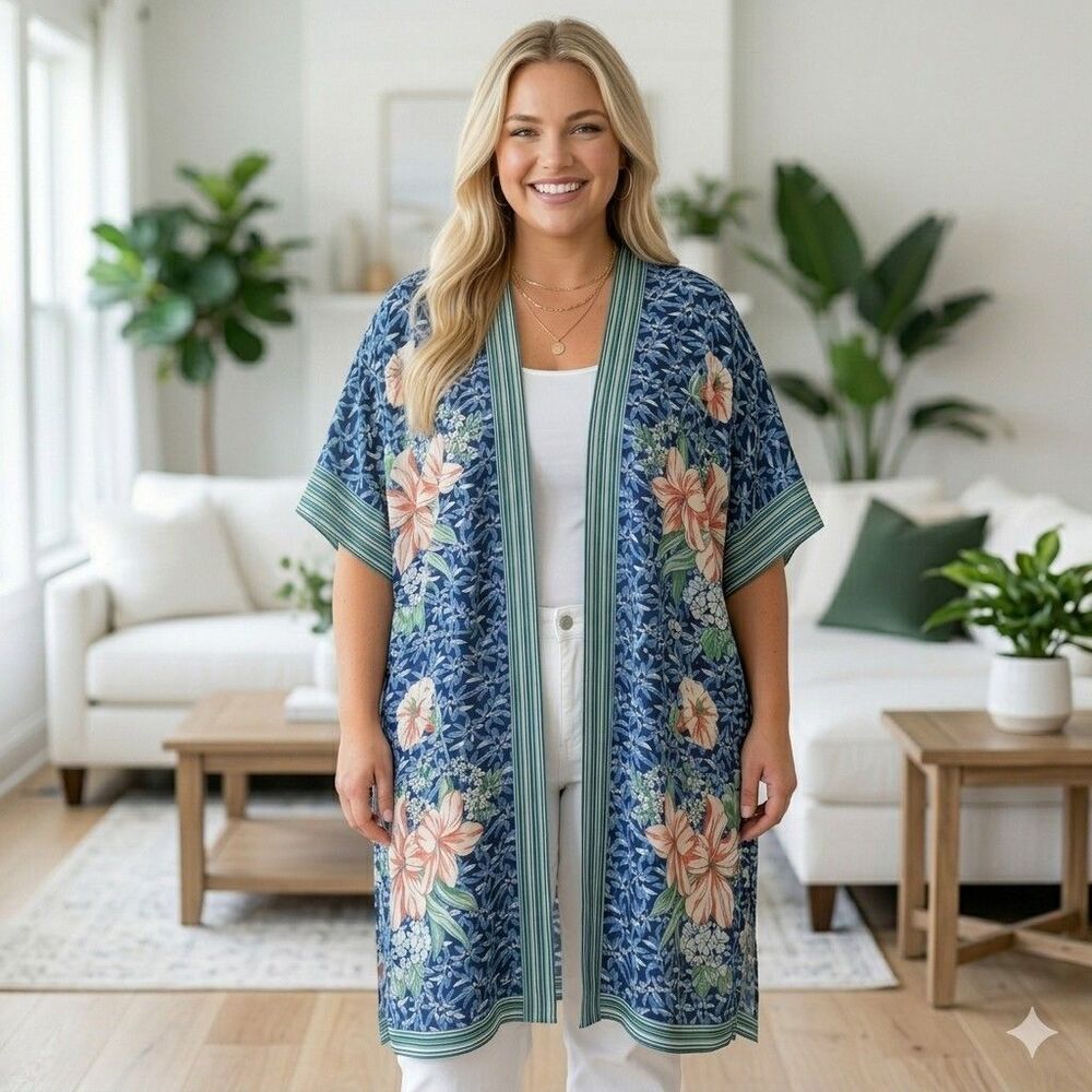 Max Studio Floral Kimono Cover-Up Size 3X Blue Green Open Front Flowy...